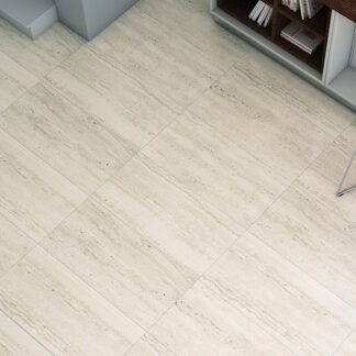 white travertine-look floor tile in a modern kitchen