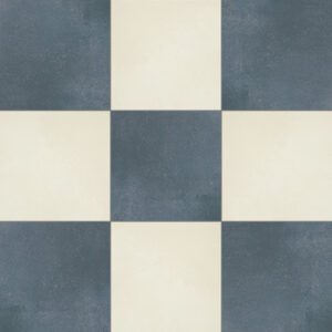 Off white and blue floor tiles in a checkerboard pattern