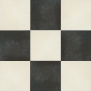Off white and black floor tiles in a checkerboard pattern