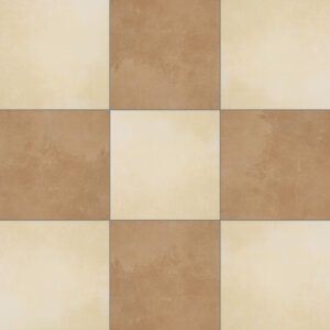 Beige and brown floor tiles in a checkerboard pattern