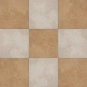 Gold and taupe floor tiles in a checkerboard pattern