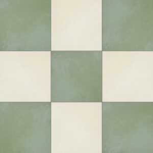 Off white and green floor tiles in a checkerboard pattern