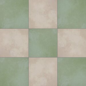 Gray and green floor tiles in a checkerboard pattern