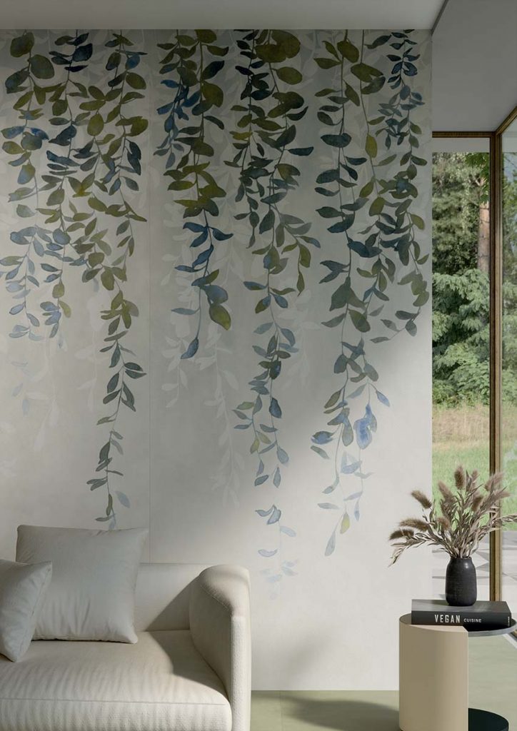 Forma Fronde 48" x 110" Deco Tile vine and leaf patterns on living room wall