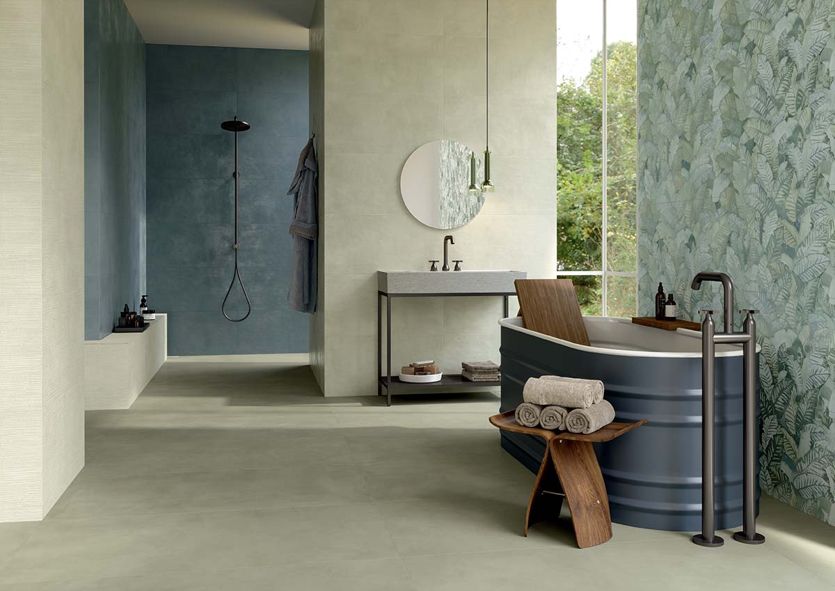 Forma Collection Bathroom wall and Floor Tiles cement look and leaf deco tiles