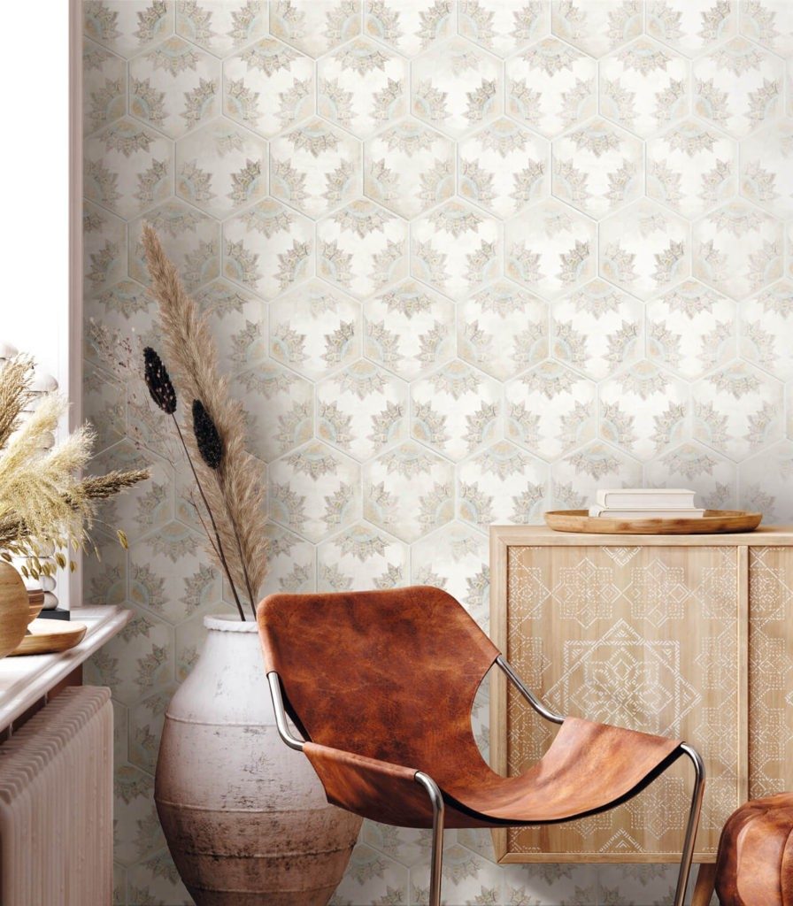 Habitania Flora Matte Hexagon tiles applied to wall behind accent chair