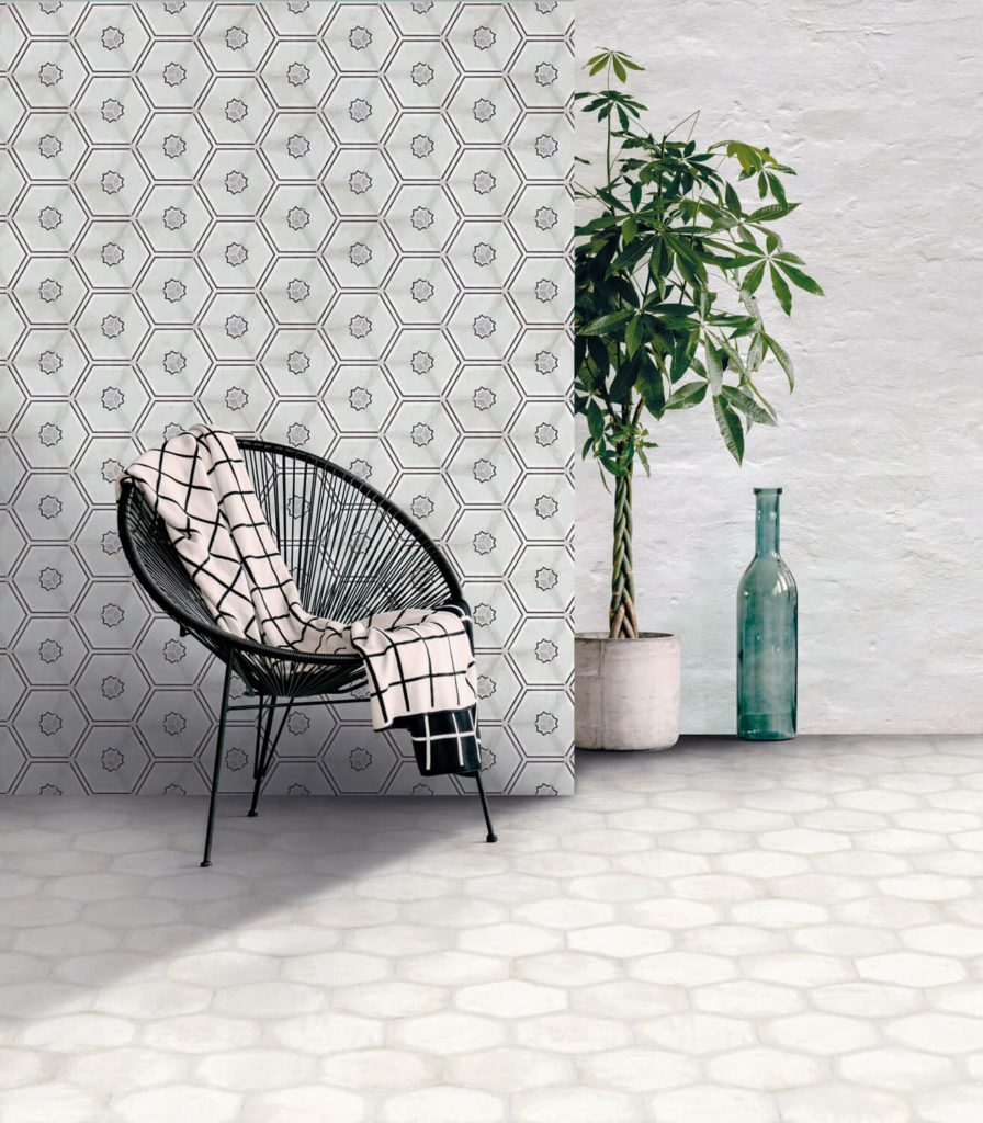 Habitania Milly white matte hexagon tiles applied to floor in room with other variants of white tile