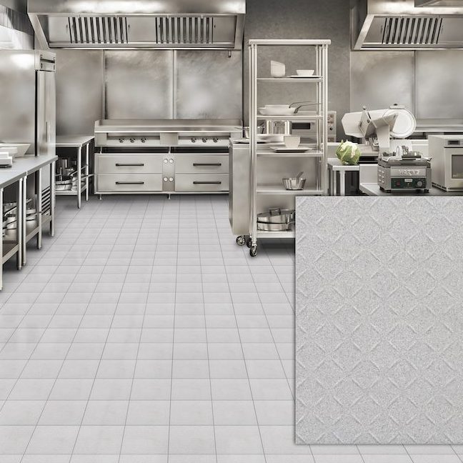 Crossville Cross-tread tile in Mercury (white) installed in commercial kitchen