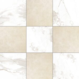 Calacatta and Pietra marble floor tiles in a checkerboard pattern