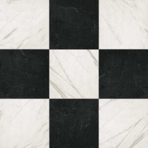 Grafite and Statuario marble floor tiles in a checkerboard pattern