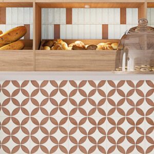 White and Terracotta colored rectangular tiled bakery wall and counter