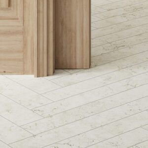 Ivory 3x12 marble tiled floor with natural wood trim walls and doors