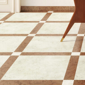 Large Ivory square tiled floor in a grid pattern with red marble plank tiles