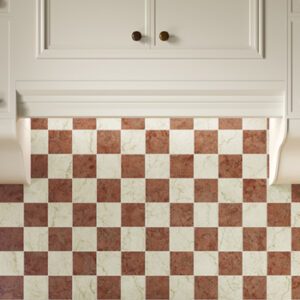 Ivory and red marble 3x3 tiled kitchen backsplash with white cabinets