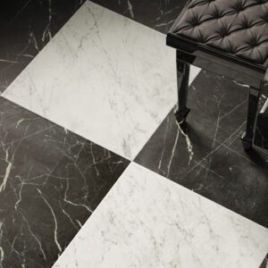 Large Black and white marble tiles in a checkerboard pattern in a music room with black piano bench