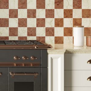 Ivory and red marble 3x3 tiled kitchen backsplash with white cabinets and black range