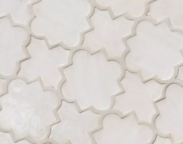 Fancy white glossy arabesqued shaped zellige tiles