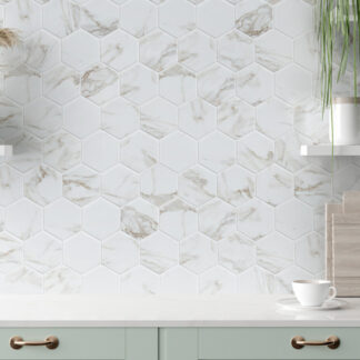 White marble look hexagon tiled backsplash