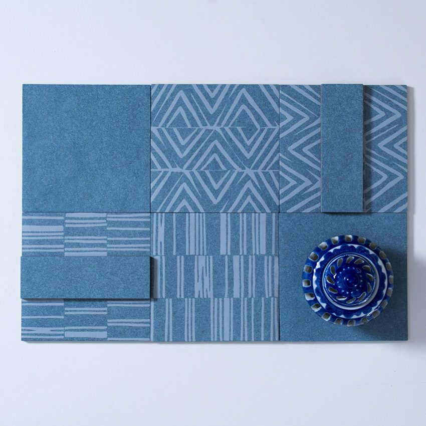 Solid Blue and tribal decorated 6x6 tiles moodboard