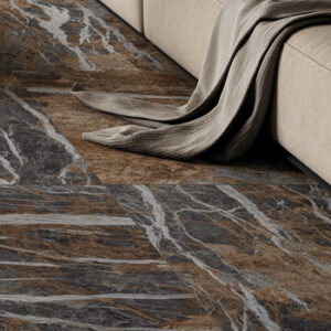 Gold, brown, and gray marble look large format tiled floor