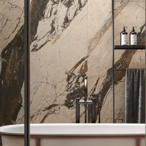 White, black, and brown marble look large format tiled bathroom wall with tub