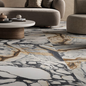 White, black, and brown marble look large format tiled floor