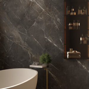 Large format black and white marble look tiled bathroom wall with built-shelves and soaking tub