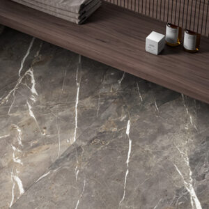 Large format black and white marble look tiled floor