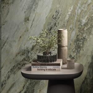 Large format green marble look tiled wall