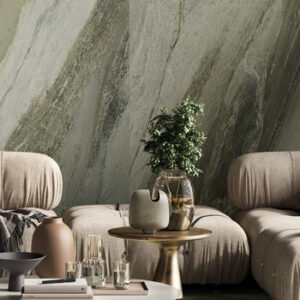 Large format green marble look tiled wall