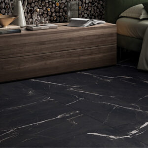 Large format black and white marble look tiled floor