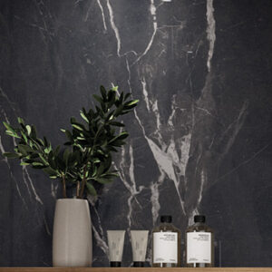Large format black and white marble look tiled wall