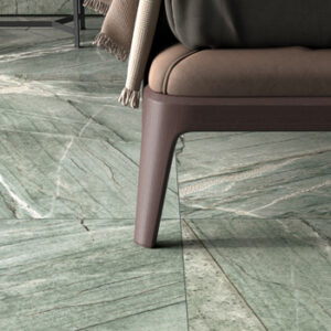 Large format pale green marble look tiled floor with brown upholstered bench