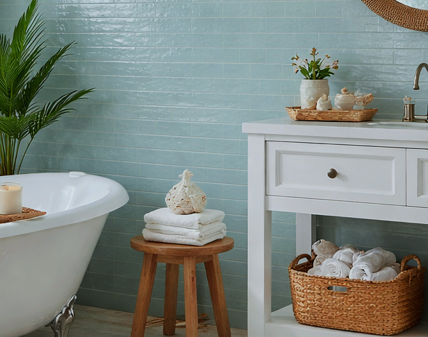 Aqua blue 3x24 glossy porcelain tiled bathroom wall with white clawfoot tub, white vanity, and vintage wood stool with towels