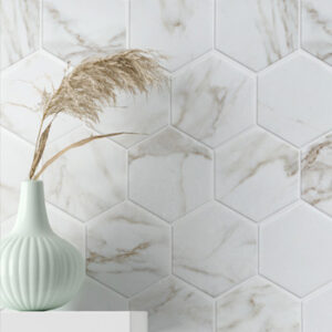 White marble look hexagon tiled wall with white base and dried plume