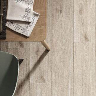 Poplar wood look tiled floor with MCM table and chair