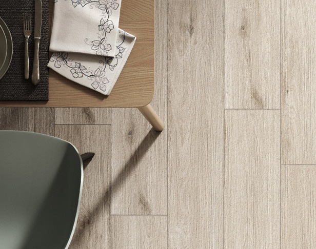 Poplar wood look tiled floor with MCM table and chair