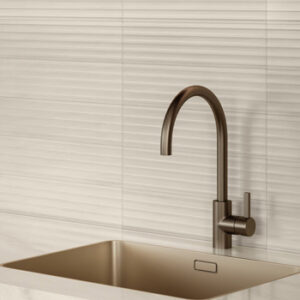 Beige Marble look 4x16 ribbed tiled kitchen backsplash with nickel faucet