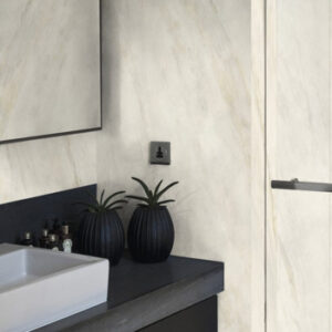 Beige Marble look tiled bathroom with black vanity and countertop and square white sink