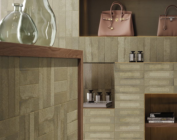 Small-format green brick tiles in a retail shop