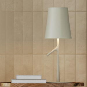 beige small format tiled wall with lamp and books