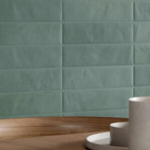 green small format tiled kitchen wall