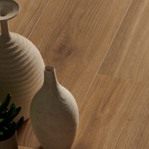 golden wood look tiled floor with modern vases