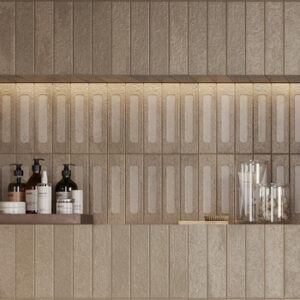 shower niche tiled beige brick tiles with toiletries