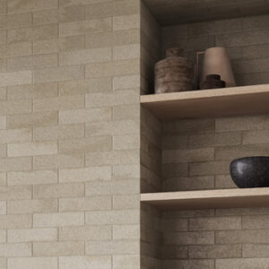 beige brick tiled wall with shelves