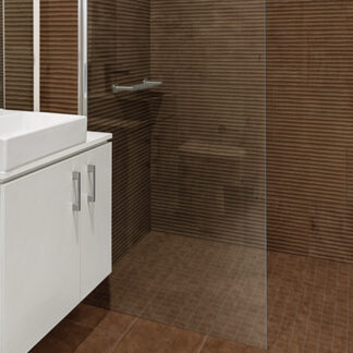 Fluted terracotta tiled shower with white floating vanity and silver faucet