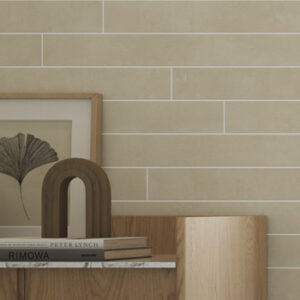 beige narrow tiled wall with pictures and books