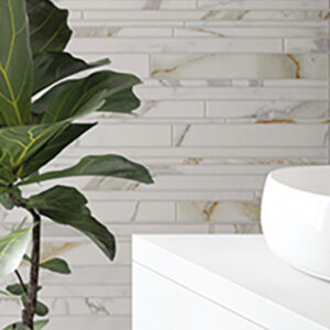 Calacatta gold look porcelain ledger tiled bathroom wall