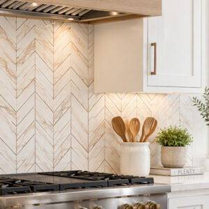 Calacatta gold look porcelain chevron mosaics installed on a bright kitchen with white cabinets and stainless steel appliances
