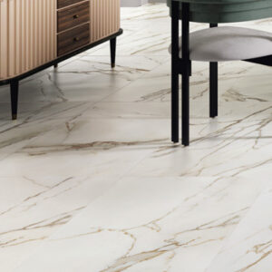 Calacatta gold look porcelain tiled diningroom floor